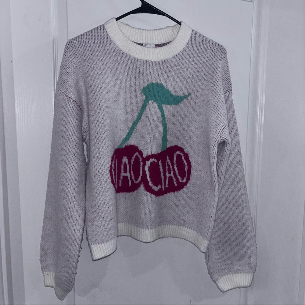 a new day Cream & Light Gray Crewneck Sweater with Cherry Graphic